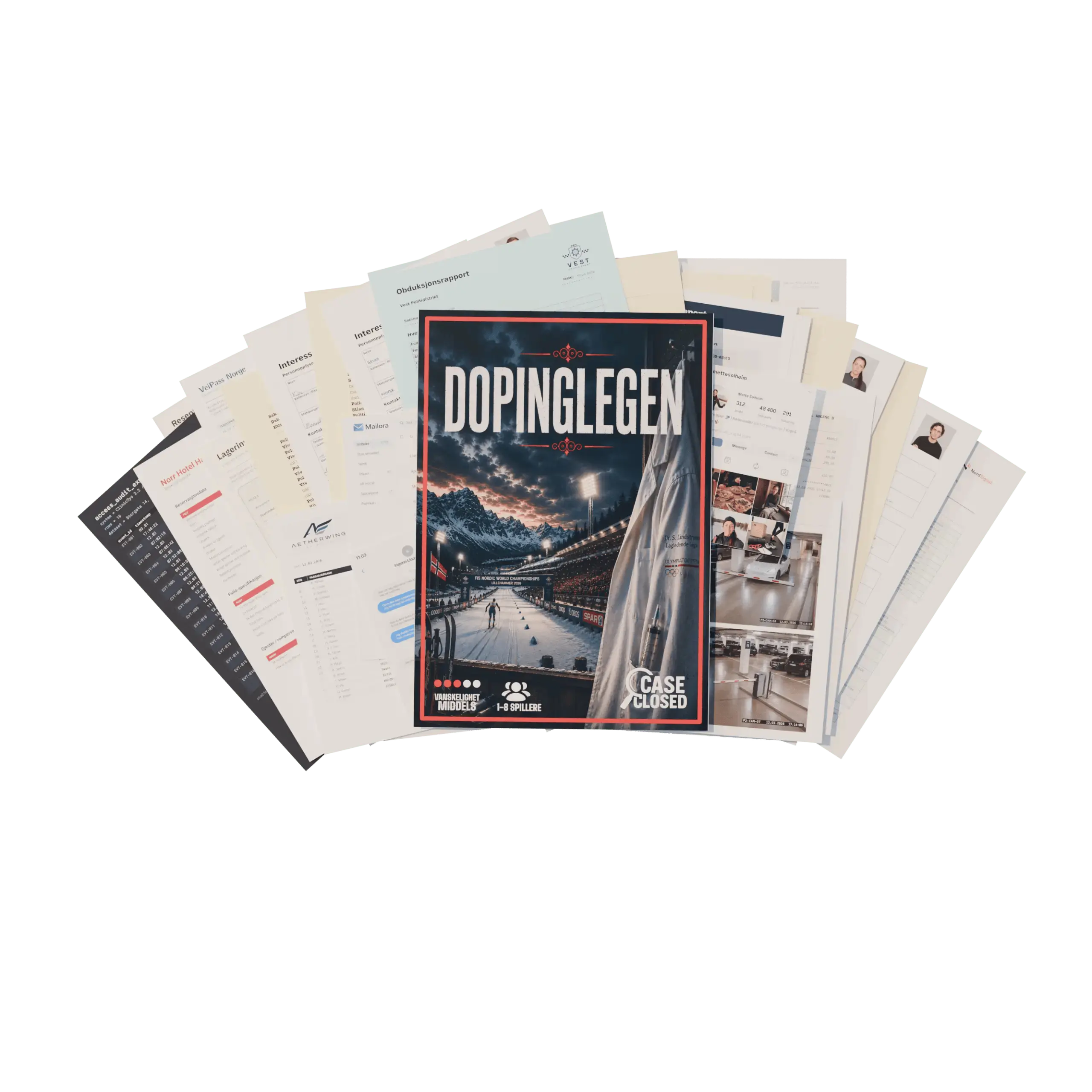 Saksmappe og bevismateriale til Dopinglegen, lagt ut som en vifte