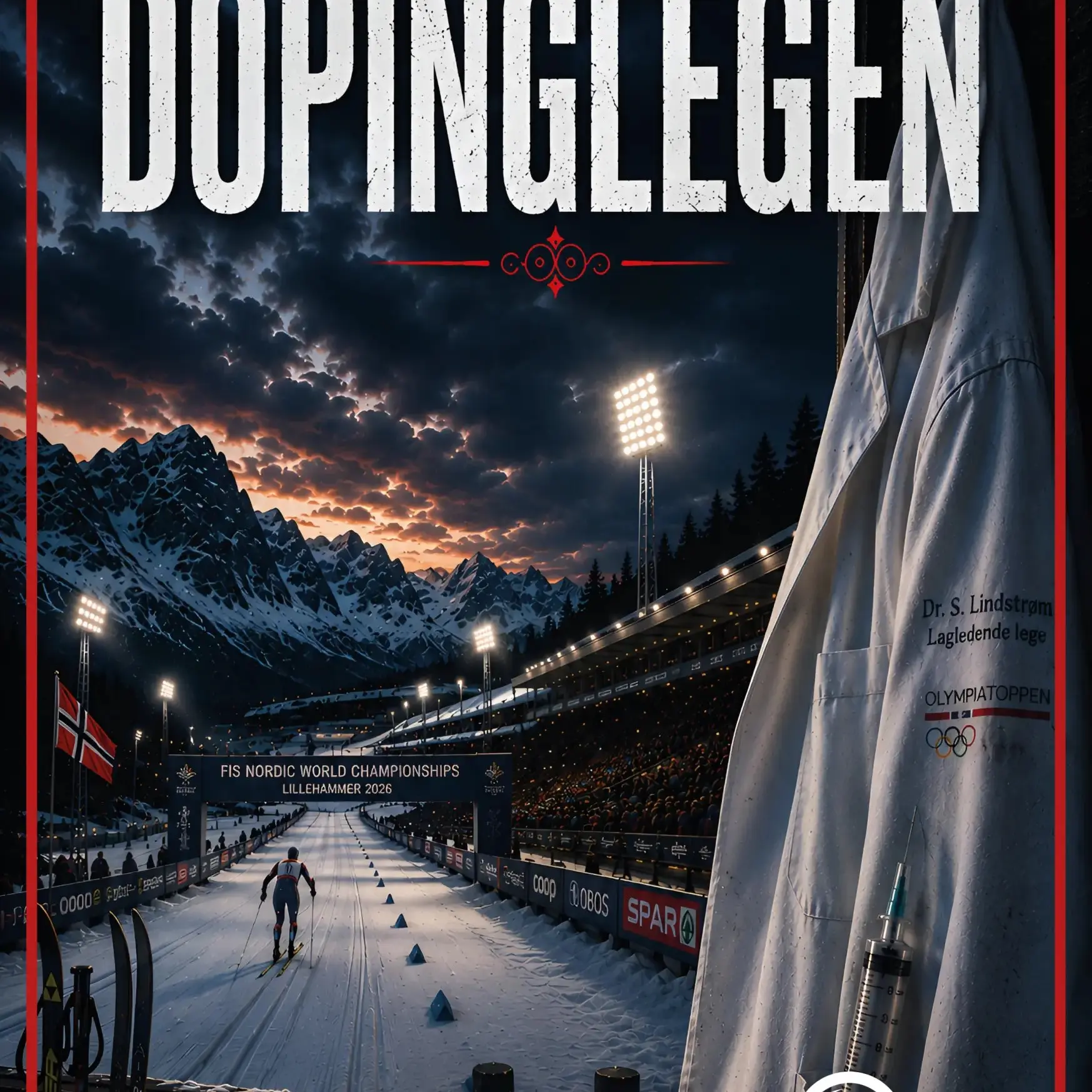 Forsiden til Dopinglegen med skistadion og legefrakk