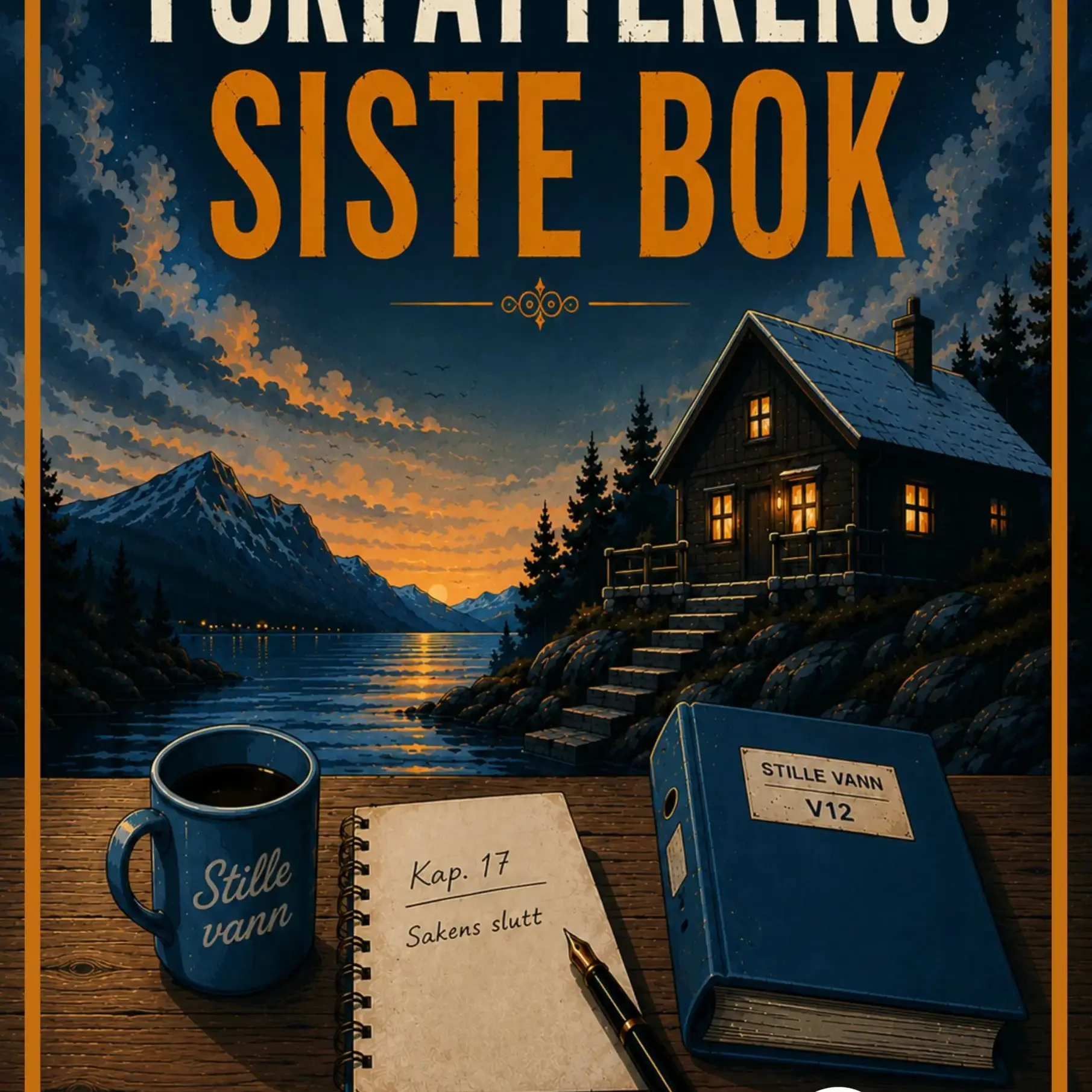 Forsiden til Forfatterens Siste Bok med hytte, manuskript og notatbok