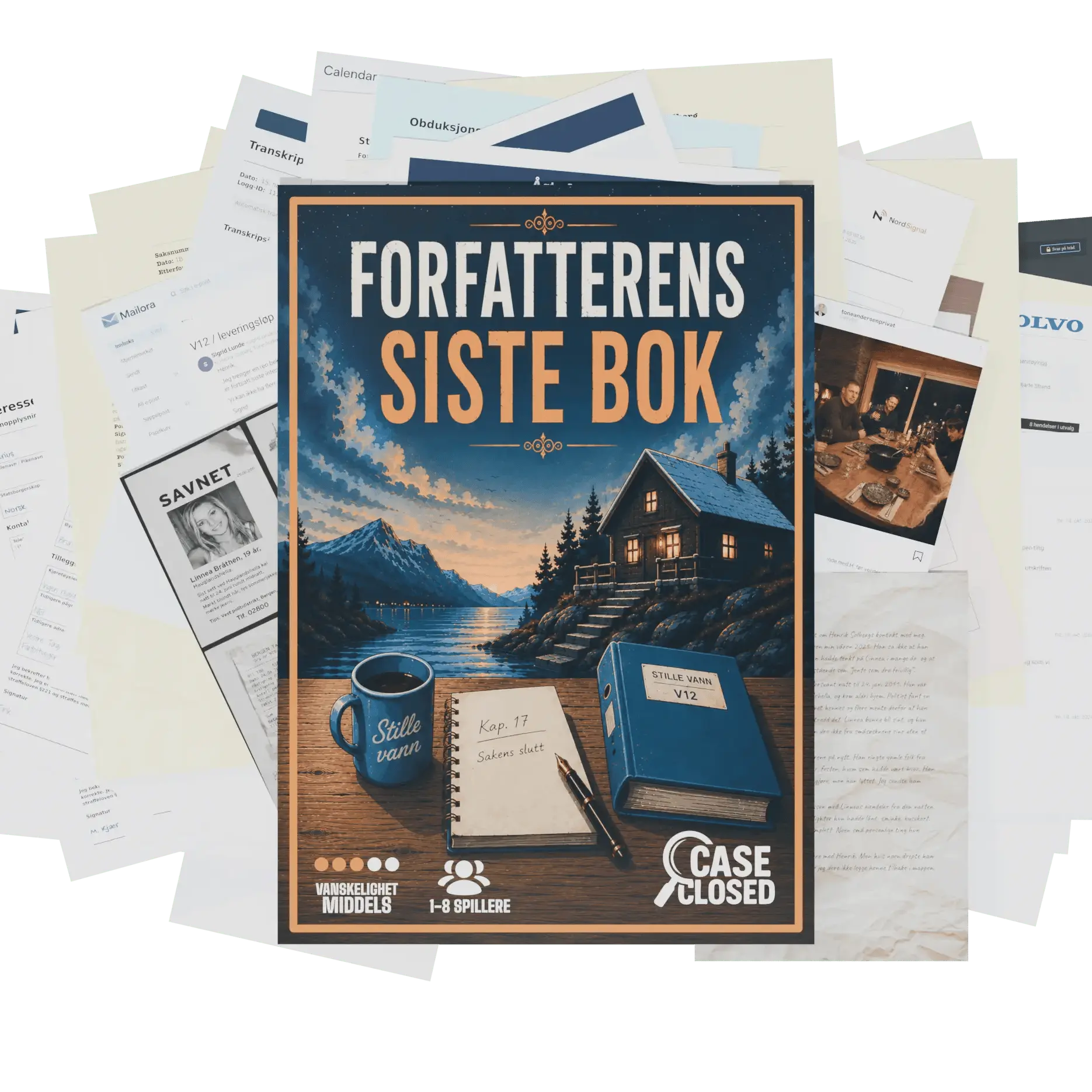 Saksmappe og bevismateriale til Forfatterens Siste Bok, lagt ut som en vifte