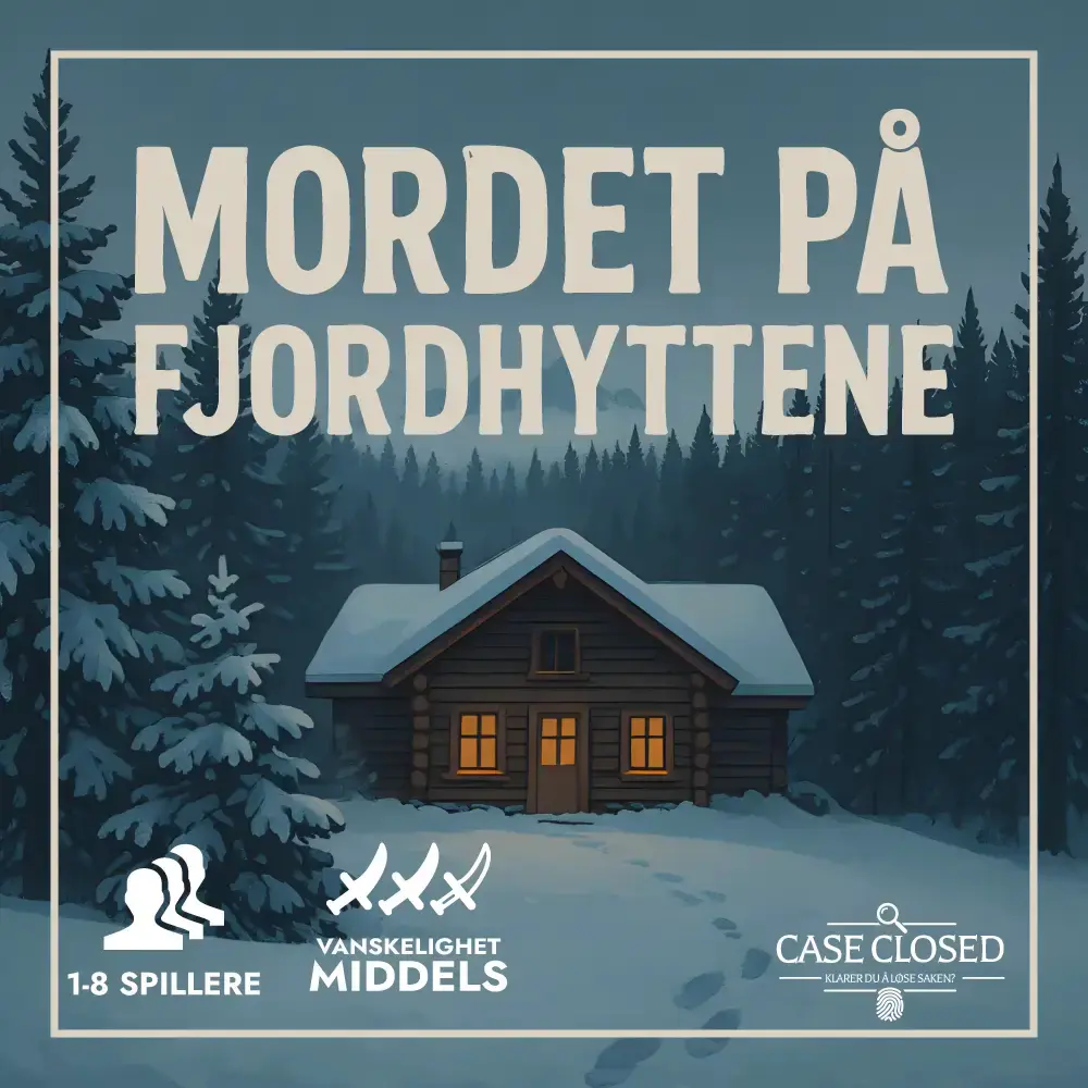 Forsiden til Mordet på Fjordhyttene med snødekt hytte