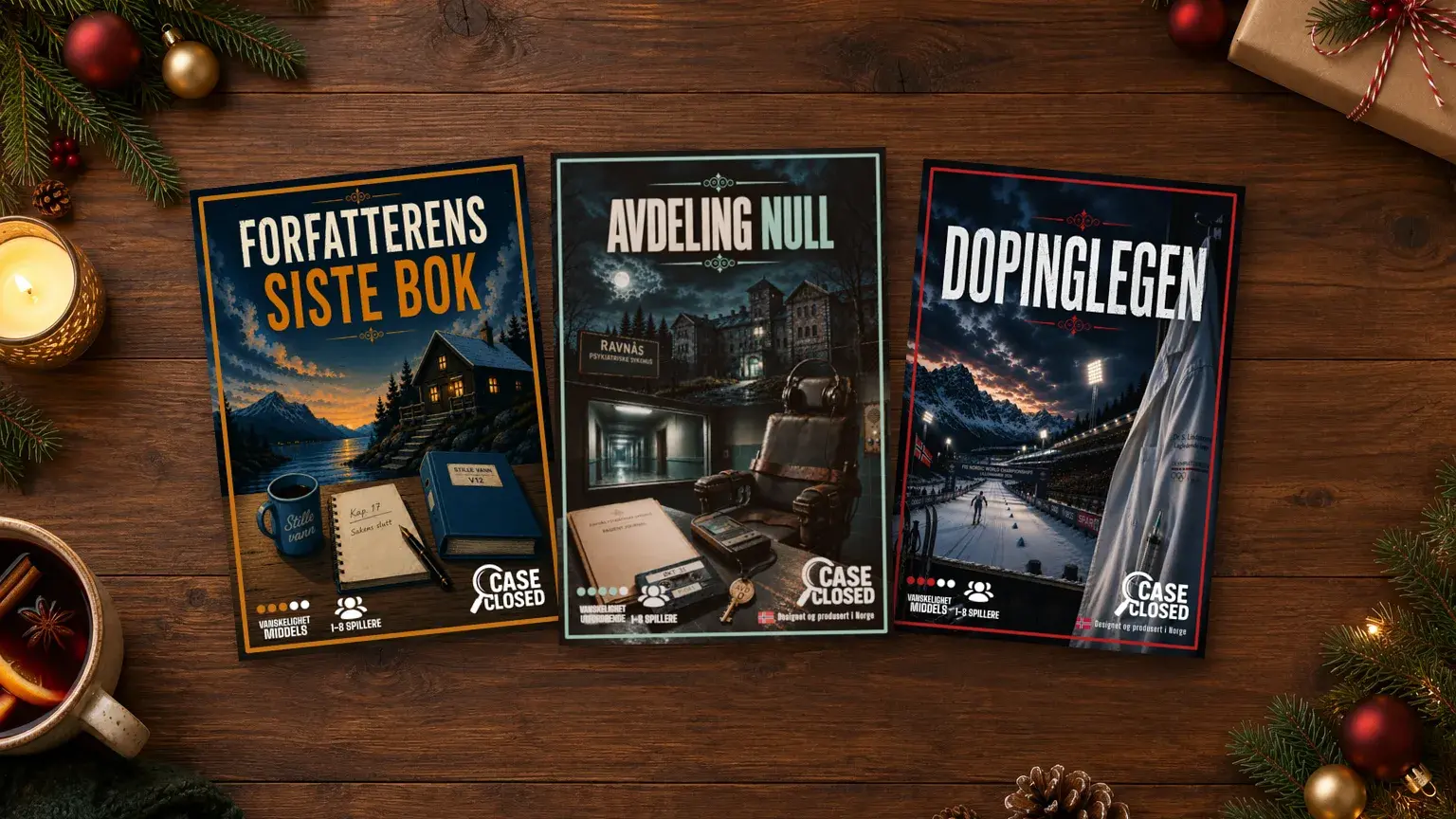 Avdeling Null, Dopinglegen og Forfatterens Siste Bok på et trebord pyntet med granbar, julekuler, lys og en julegave.